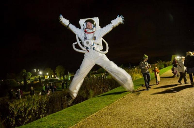 The Bouncing Spaceman bounced on Bonfire Night - gravity disappeared and he floated and moonwalked across the firework-filled sky!